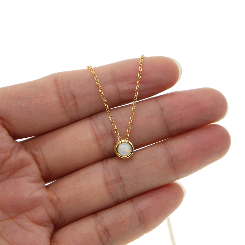 gold plated vermeil 925 sterling silver single stone necklace simple design bezel round cz charm beaded slider opal collar chains