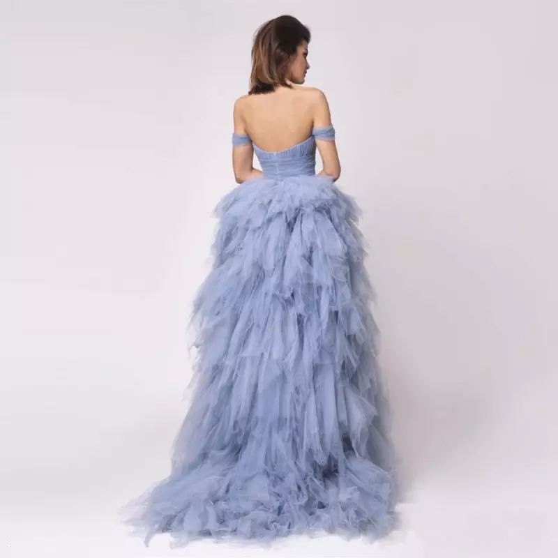 Dusty Blue Off Shoulder Evening Gowns 2016 Sweetheart A-line Tiered Ruffles Vintage Prom Party Dresses Custom Made