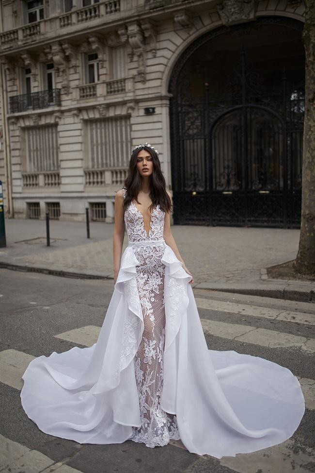 mermaid wedding dresses with detachable skirt tulle appliqued deep v neck beach bridal gowns backless illusion sexy boho wedding dress