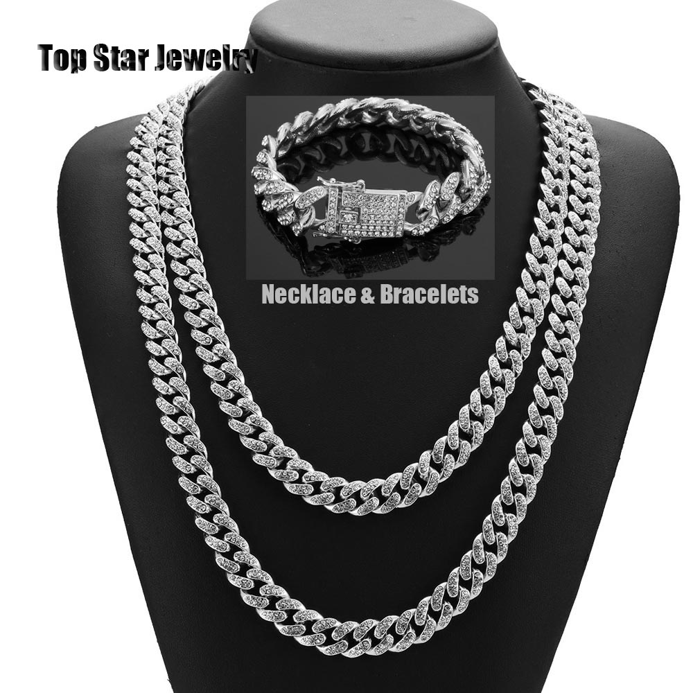 HipHop Bling Bling Jewelry Sets 14K Gold Plated Full Cubic Zirconia Necklace Bracelets Men Women MIAMI CUBAN LINK CHAIN Iced Out Accessories, Silver 
HipHop Bling Bling Jewelry Sets 14K Gold Plated Full Cubic Zirconia Necklace Bracelets Men Women MIAMI CUBAN LINK CHAIN Iced Out Accessories, Silver