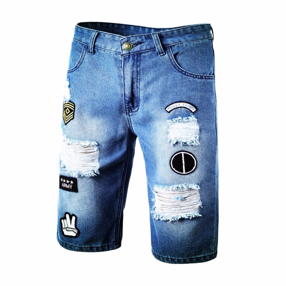 HOT 2018 Fashion Casual Men's affixed cloth embroidery patch hole high street beggar stretch denim hip hop shorts