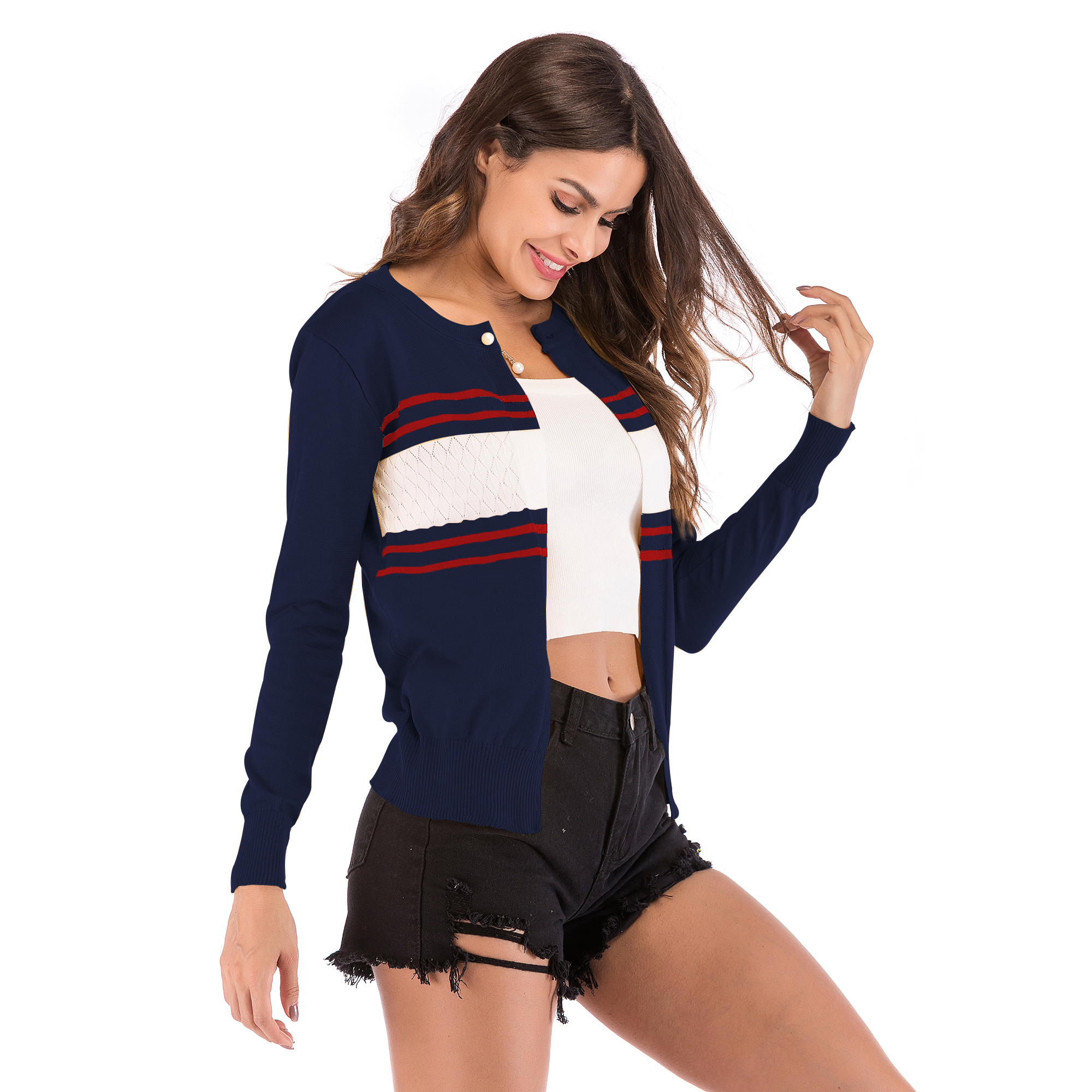 Best selling autumn new color contrast striped knit cardigan long-sleeved round neck short jacket support mixed batch