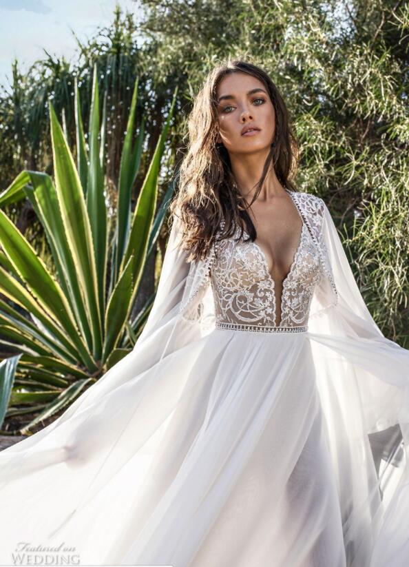 2018 Asaf Dadush Boho Wedding Dresses Spaghetti Lace Applique Sweep Train Chiffon Sexy Beach Wedding Gowns Side Split Bohemian Bridal Dress