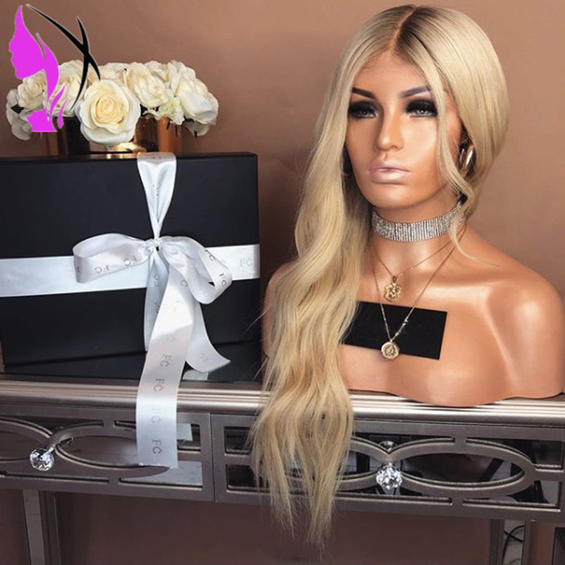 Hotselling brown roots ombre Blonde Wig Long wavy Simulation Human Hair Wig High Temperature Glueless Synthetic Lace Front Wig For Women