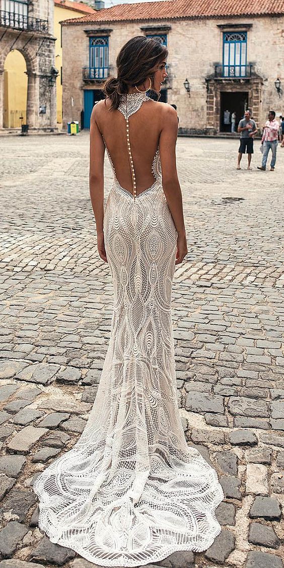 Julie Vino Mermaid Dresses High Neck Lace Half Sleeve Bridal Gowns Sweep Train Appliques Beach Wedding Dress 0227Lz