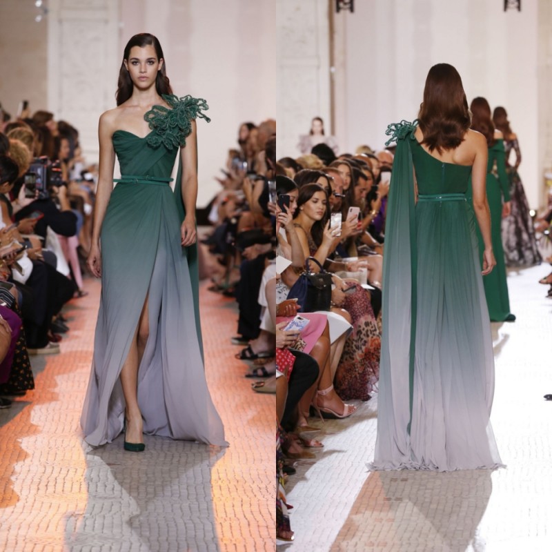 elie saab chiffon split prom dresses one shoulder lace appliqued evening gowns sweep train formal pageant party dress