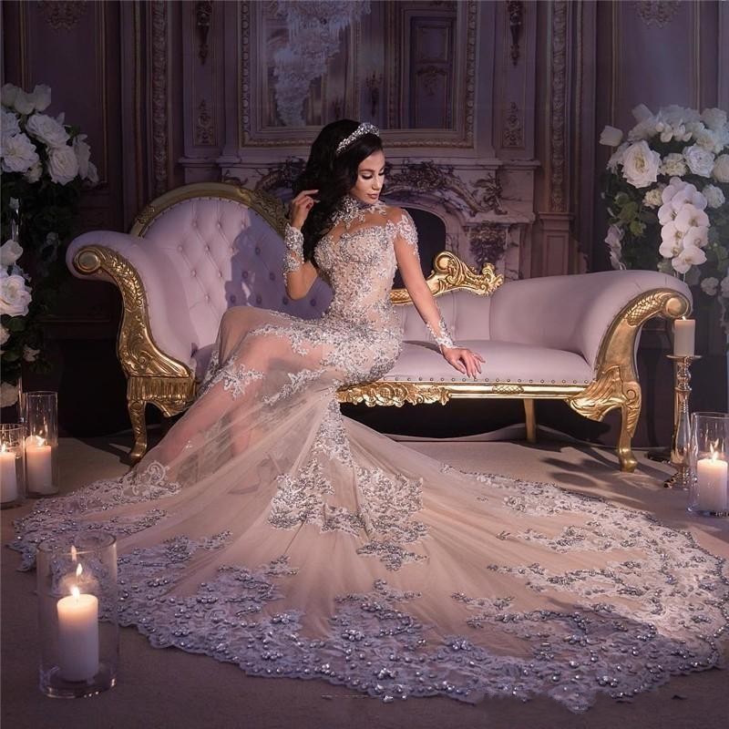 High Arabic Dubai Neck Mermaid Dress Sier Beaded Long Sleeves Illusion Lace Applique Backless Court Train Wedding Gown