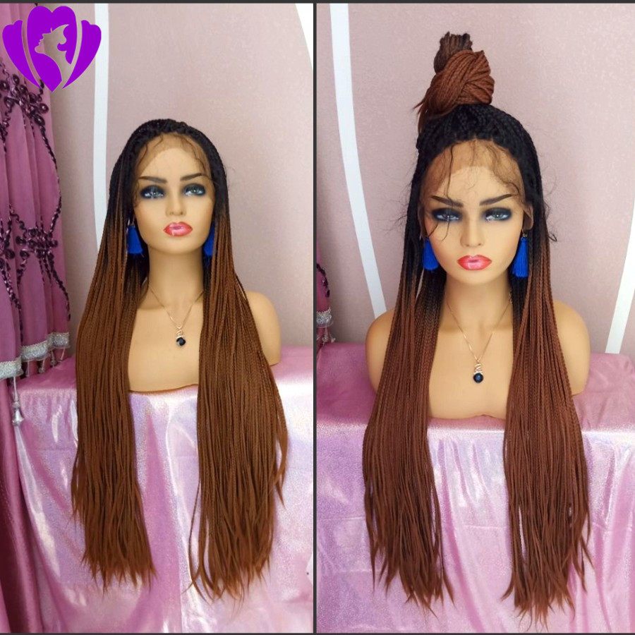 New 32inches long jumbo braided wig full Lace Front Wigs synthetic 'micro Braids Wigs With Baby Hair Ombre brown Wigs For Black Women