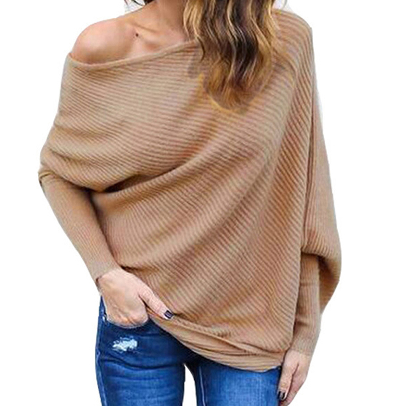 Off The Shoulder Women Sweater Baggy Pullover Sweater Ladies Chunky Knitted Sweater Female Batwing Sleeve Autumn Jumper C18111601