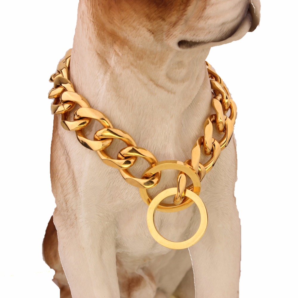 Gold Tone Stainless Steel Training Dog Collar 19mm Wide Fancy Slip Chain Dog Collar For Large Dogs Pitbull Doberman