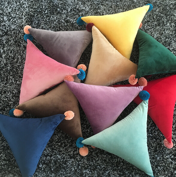 Velvet Cushion Triangle Rectangle Lovely Flush Pompon Ball Cushion Pillow Sofa Car Chair Home Decorative Throw Pillows