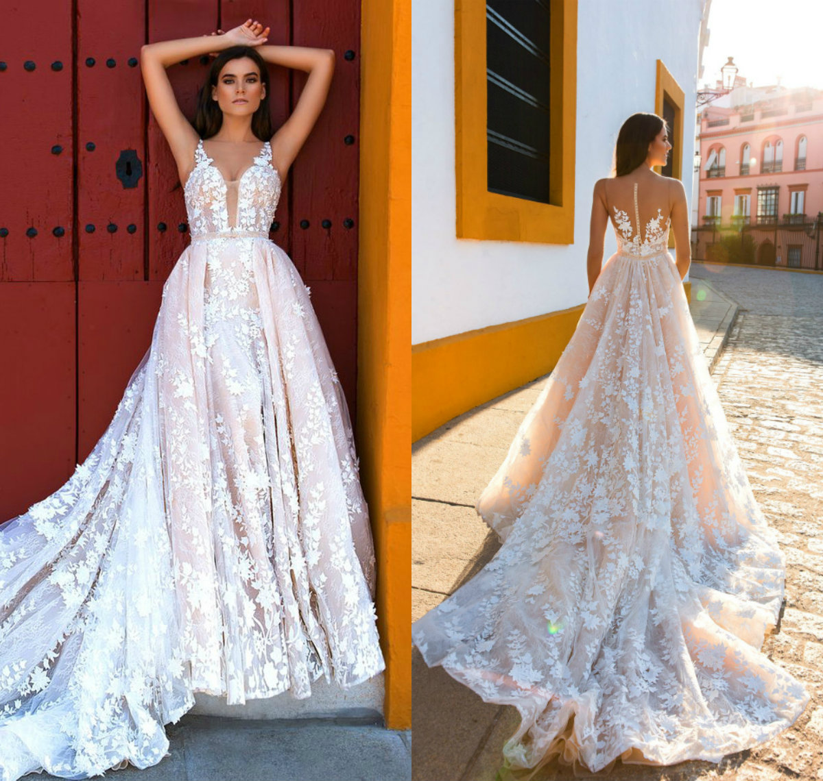 2019 Crystal Design Wedding Dresses With Detachable Train Blush Pink Lace Appliques Sweep Train Boho Wedding Dress Spaghetti Plus Size Gowns