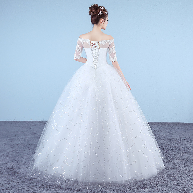 Customized White Princess Simple Wedding Dresses 2018 New Korean Style Lace Half Sleeve Boat Neck Bridal Gown vestido de noiva