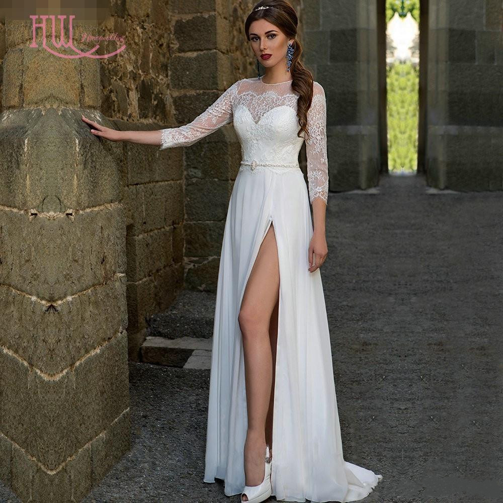 Vintage Country Beach Wedding Dresses With 3/4 Long Sleeves Sheer Jewel Lace Wedding Gowns Summer Chiffon Side Split Bridal Dress, White
Vintage Country Beach Wedding Dresses With 3/4 Long Sleeves Sheer Jewel Lace Wedding Gowns Summer Chiffon Side Split Bridal Dress, White