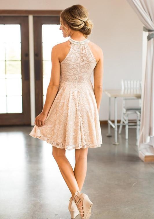 Short Lace Peach Country Bridesmaids Dresses Pearls Halter Neck Wedding Guest Dresses Knee Length Maid Of Honor Gowns HH263