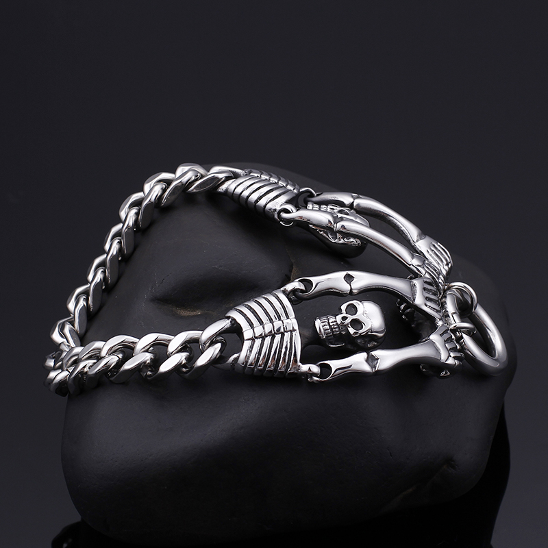 Double Skeleton Stainless Steel Bracelet Punk Men's Ancient Silver Thick Heavy Hip Hop Rock Bangle Jewelry