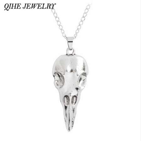 QIHE JEWELRY Pendant necklace Raven skull Bird skull pendant necklace bronze ancient silver viking jewelry Necklace for men