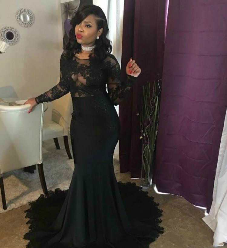 Sexy Illusion Mermaid Prom Black Lace Graduation Party Gowns Sheer Evening Dresses Long Sleeve African Vestido De Festa Longo 0510