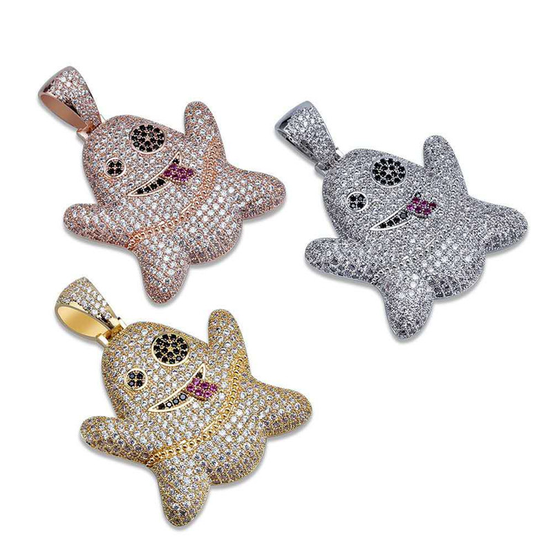 New Fashion Hip Hop Necklaces 18K Yellow Rose White Gold CZ Funny Ghost Pendant Necklaces for Men Women Hot Gift