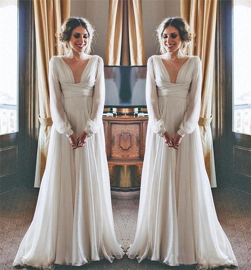 Modest Hippie Boho Beach Wedding Dresses Long Sleeves V Neck Plus Size Chiffon Cheap Summer Maternity Country Greek Style Bridal Gowns