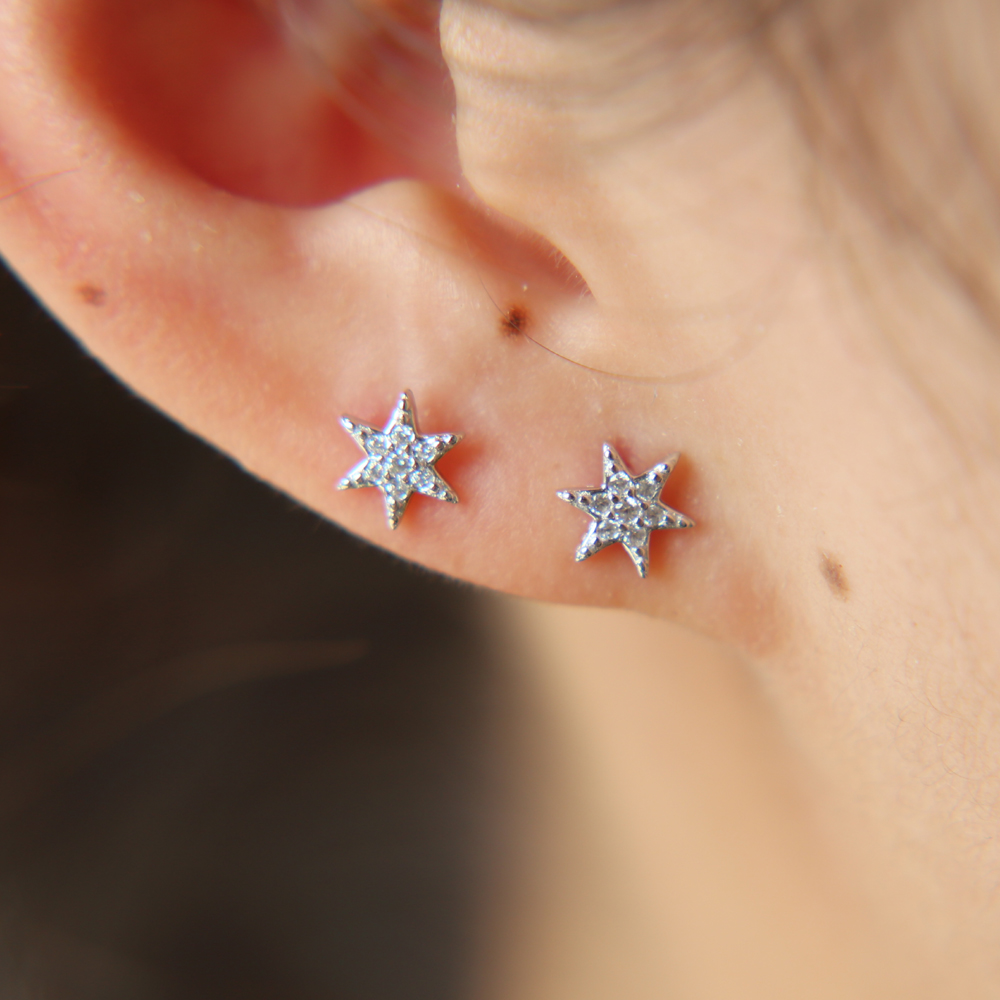tiny smal sunburst stud earring pure 925 sterling silver minimal jewelry dainty delicate pave cz tiny star multi piercing earring