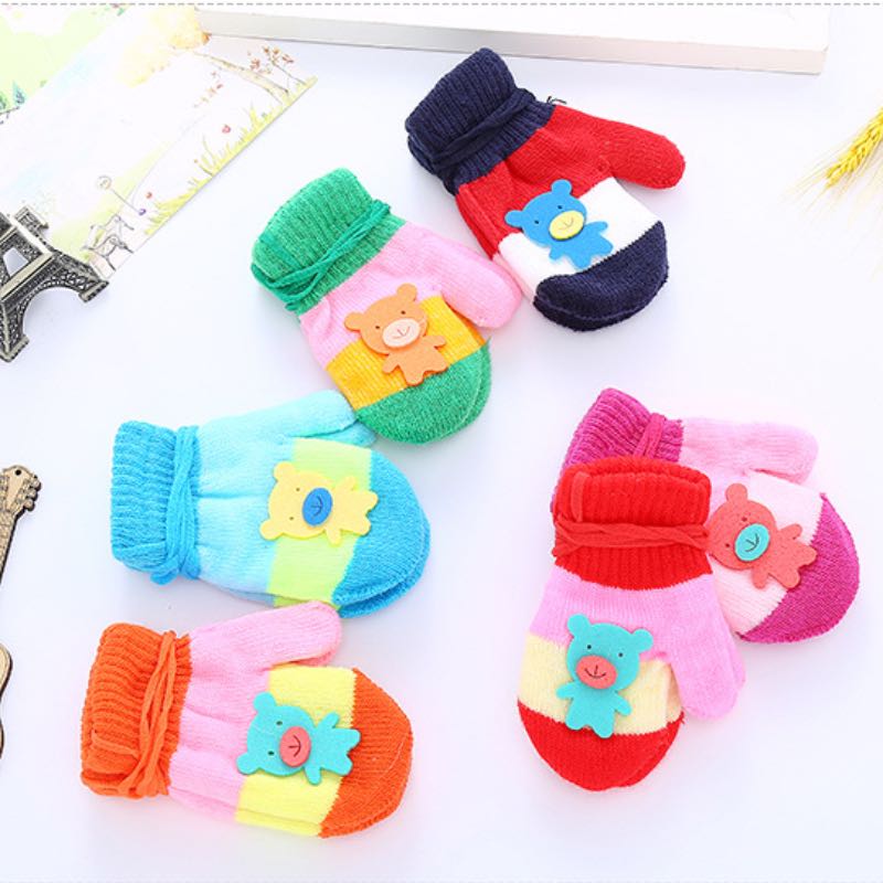 Lovely Baby Colorful Knitted Gloves Ice Cream Rabbit Bear Flower Deer Cute Kids Mitten With Hanging Rope 8 Different Style