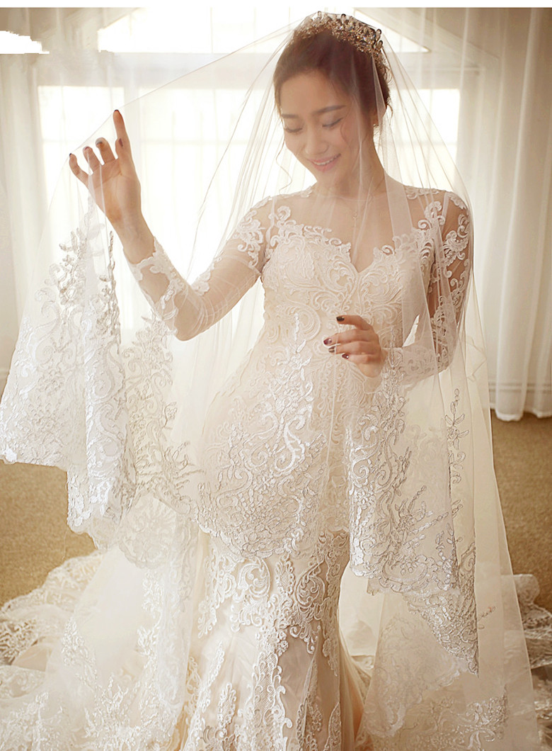 Amazing 4M One Layer Long Cathedral Wedding Veils Lace Trim Soft Tulle Ivory Blusher Bridal Veil Accessories