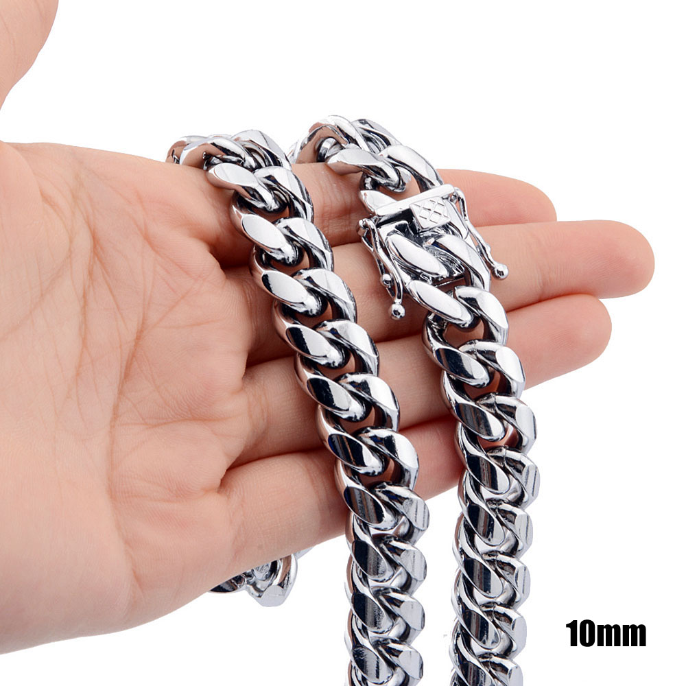 8mm10mm12mm14mm 316L Stainless Steel Jewelry High Polish Miami Cuban Chain Necklace Men Punk Curb ChainDragonBeard Clasp 24qu
