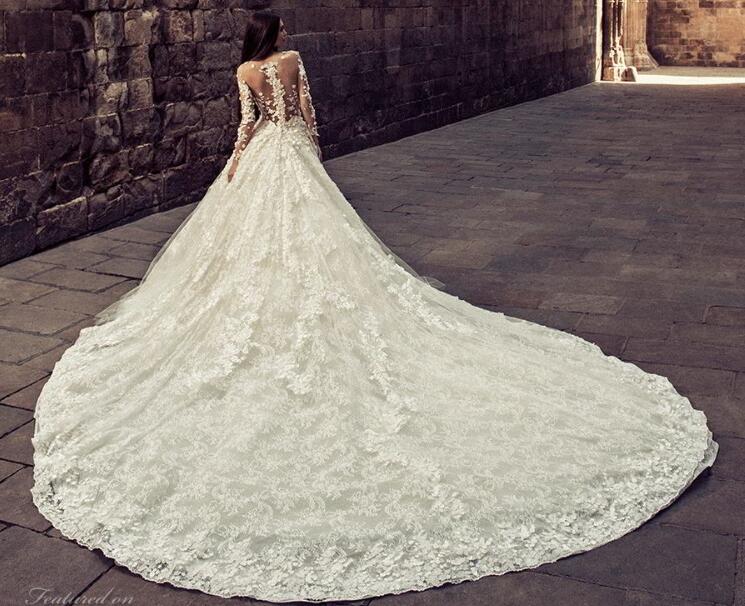Luxury Wedding Dress 2019 Sheer Neck Long Sleeves robe de mariée 3D Floral Appliques Beaded Chapel Train Castle Wedding Dresses Bridal Gowns