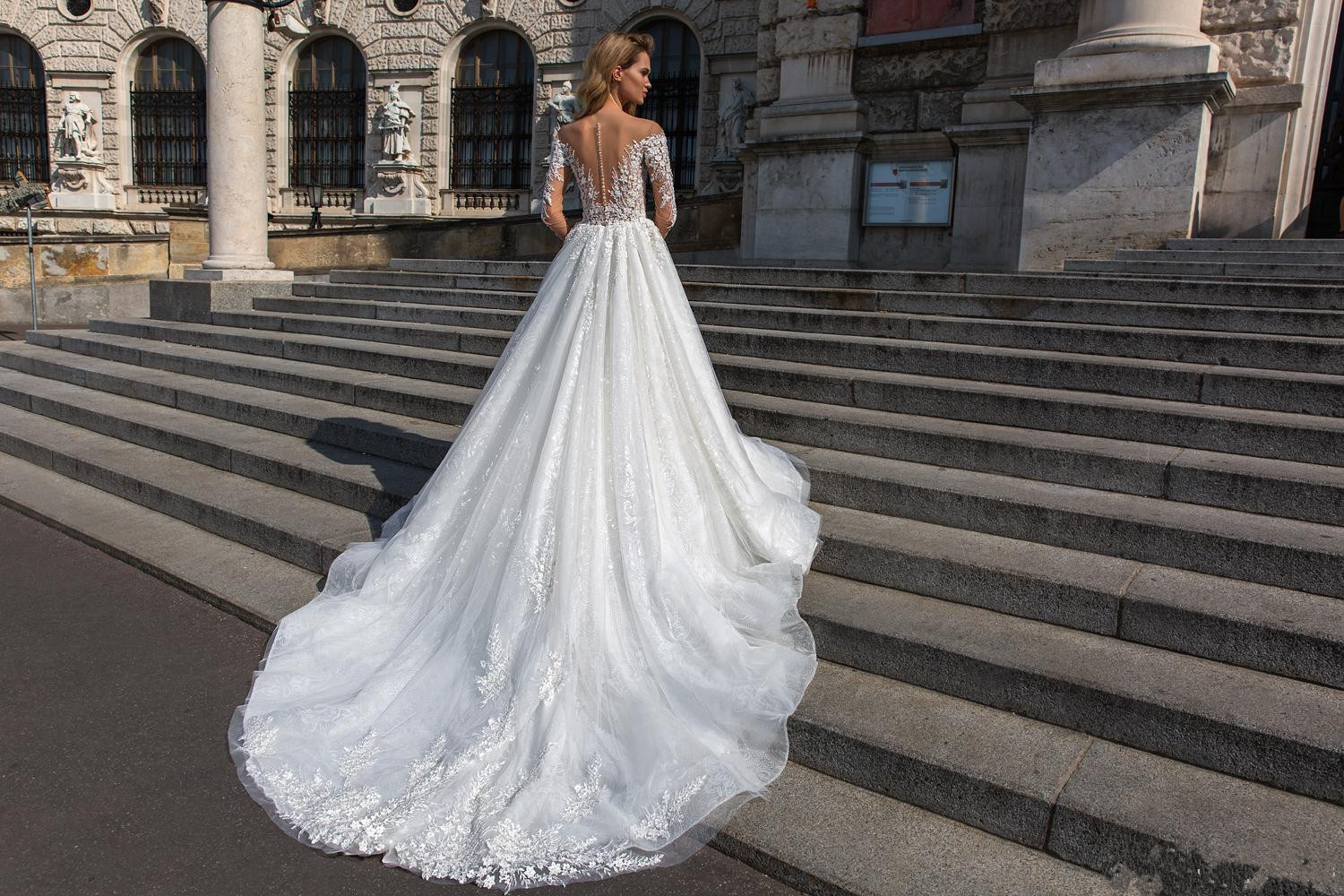 new lace wedding dresses a line sheer neck appliqued robe de mariee 3 4 long sleeve church train bridal gowns