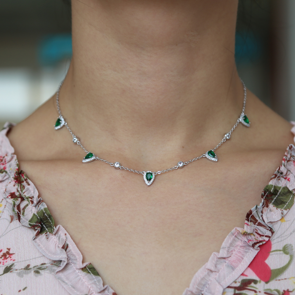 35+10cm choker silver plated women necklace fashion jewelry water drop charm Green emerald clear cz stone paved Gorgeous women jewelry