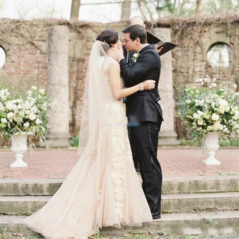 Country Blush Pink Style Dresses Lace Applique Tiered Tulle Sweep Train Wedding Bridal Dress For Women Cheap Gowns
