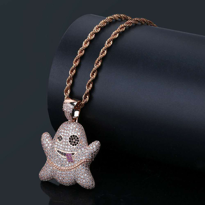 New Fashion Hip Hop Necklaces 18K Yellow Rose White Gold CZ Funny Ghost Pendant Necklaces for Men Women Hot Gift