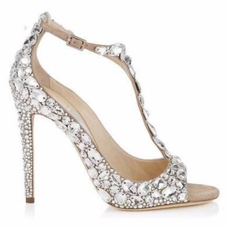New Fashion Women Pointed Toe Black Nude Rhinestone Pumps Ankle Strap Crystals Beads High Heels Wedding Shoes Dress Shoes