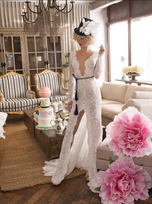 2019 Lihi Hod Mermaid Wedding Dresses With Belt Lace Side Split Sexy Backless Beach Wedding Dress Sweep Train Long Sleeve Bridal Gowns