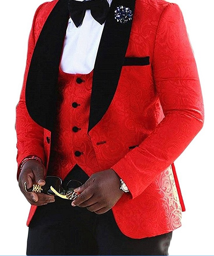 New Arrival Men Suits White/Red/Black Pattern Groom Tuxedos Shawl Velvet Lapel Groomsmen Wedding Best Man ( Jacket+Pants+Vest+Tie ) L491