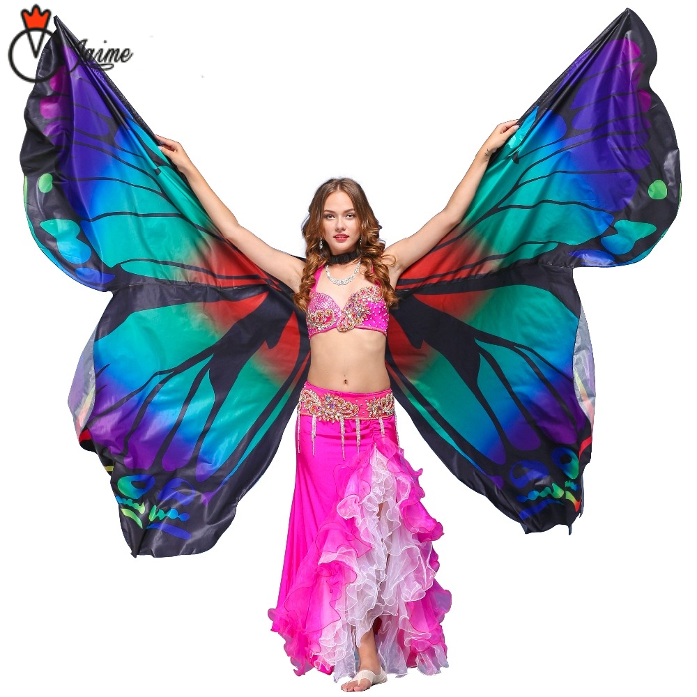 

2018 Performance Women Dancewear Bellydance Props Polyester Cape Cloak Dance Fairy Wing Belly Dance Butterfly Wings Adult, Blue sticks bag