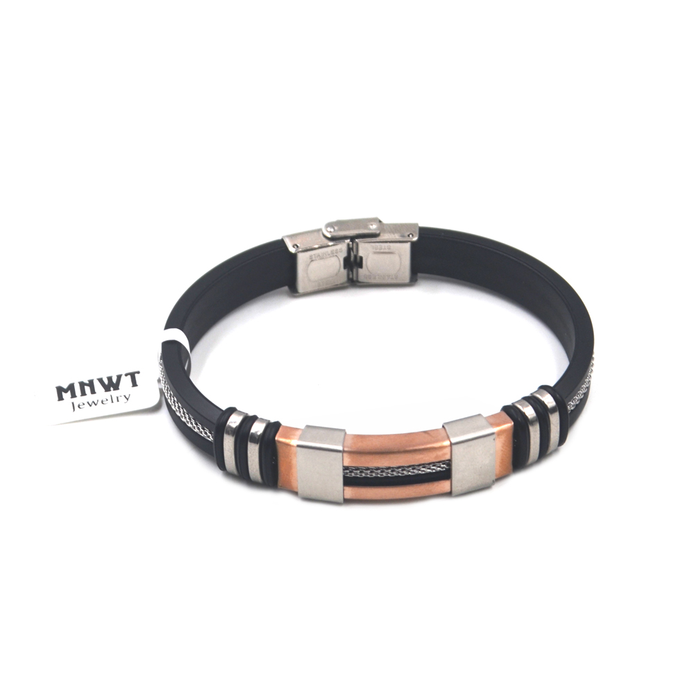 MNWT Mens Bracelets Stainless Steel Black Silicone Bracelets Charm Bracelet Male Bangle For Men Jewelry Silver Rose Gold Color