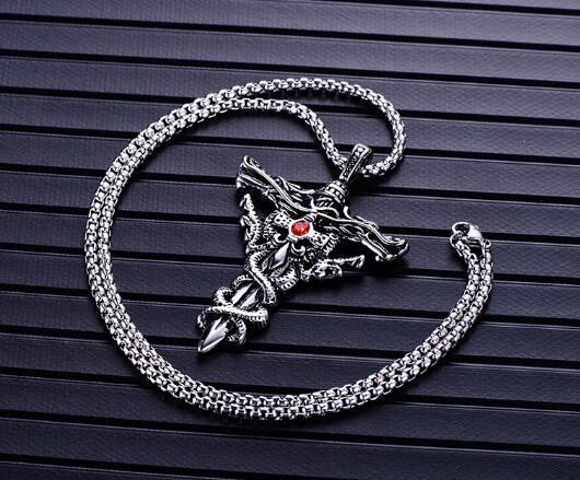 new Domineering men stainless steel double dragon cross necklace stylish set with diamond titanium steel pendant popular hot fashion