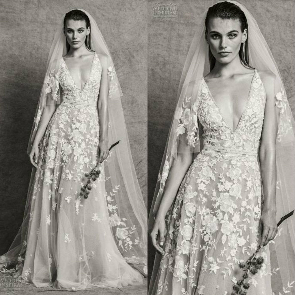 2018 Custom Made Wedding Dress Zuhair Murad Sexy Deep V Neck Floral Appliques Tulle Bridal Gowns With 3 Meters Veil