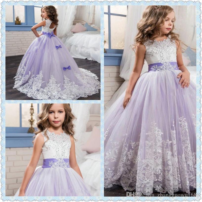 

Flower Girl Dresses For Weddings Blush Custom Made Princess Tutu Sequined Appliqued Lace Bow Kids First Communion Gowns, Ivory