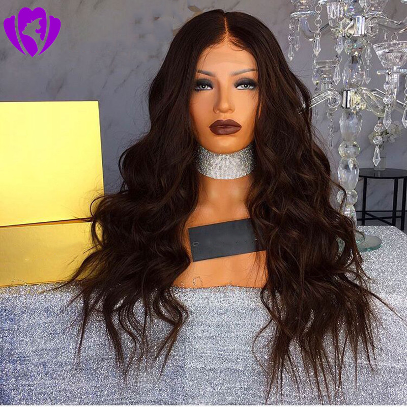 New black/brown/burgundy Body Wave Wig 180% Density Heat Resistant Glueless Synthetic Lace Front Wig With Baby Hair For African American