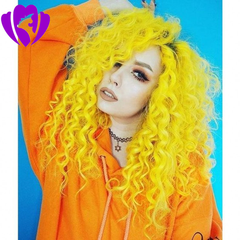 transparent lace yellow long kinky curly lace front synthetic wig for woman 180%density brazilian curly wig cosplay