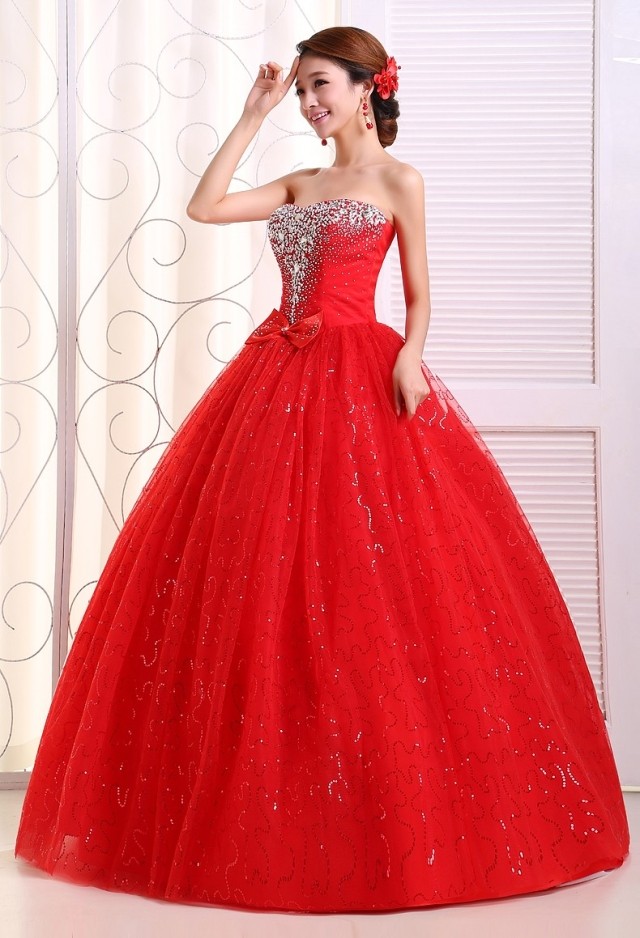 2018 New Red Strapless Wedding Dress Rhinestone Bride Wedding Gown Factory Wholesale Cheap Bride Dress Free Shipping