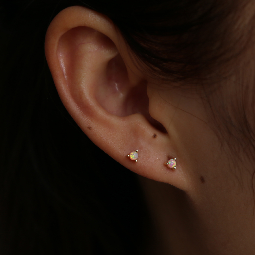 Pink White Blue Fire Opal Stud 2.5mm Mini Stone Prong Setting Single Stone Cute Lovely 925 Sterling Silver Earring