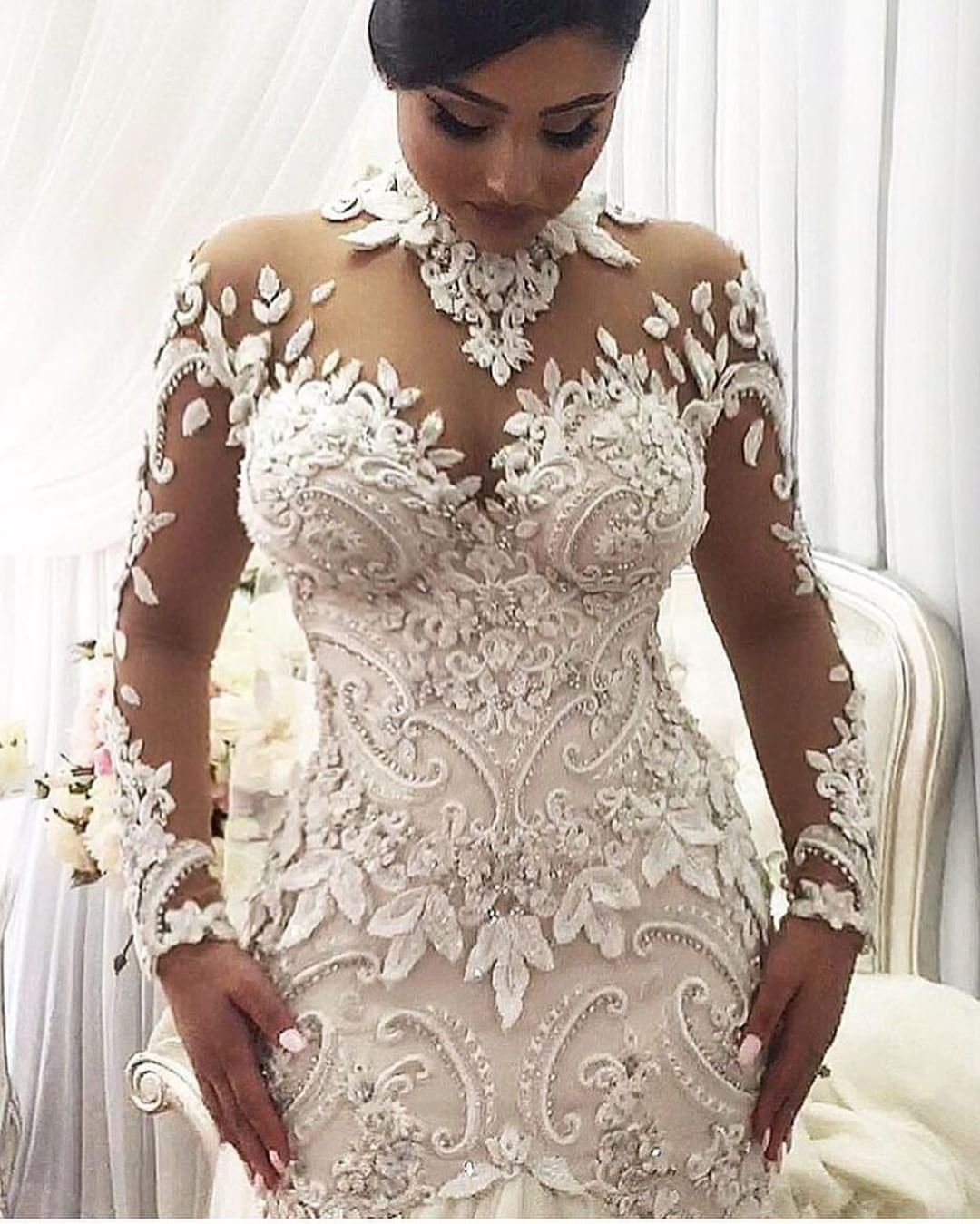Azzaria Haute Couture Nigeria Wedding Dresses Mermaid Long Sleeve High Neck 3D Floral Lace Plus Size Arabic Bridal Gowns Fishtail Vestidos de novia 20