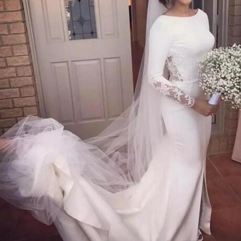2020 Vintage Long Sleeve Lace Mermaid Wedding Dress Jewel Neck Backless Appliques Lace Long Satin Wedding Dresses Vestido De Novia