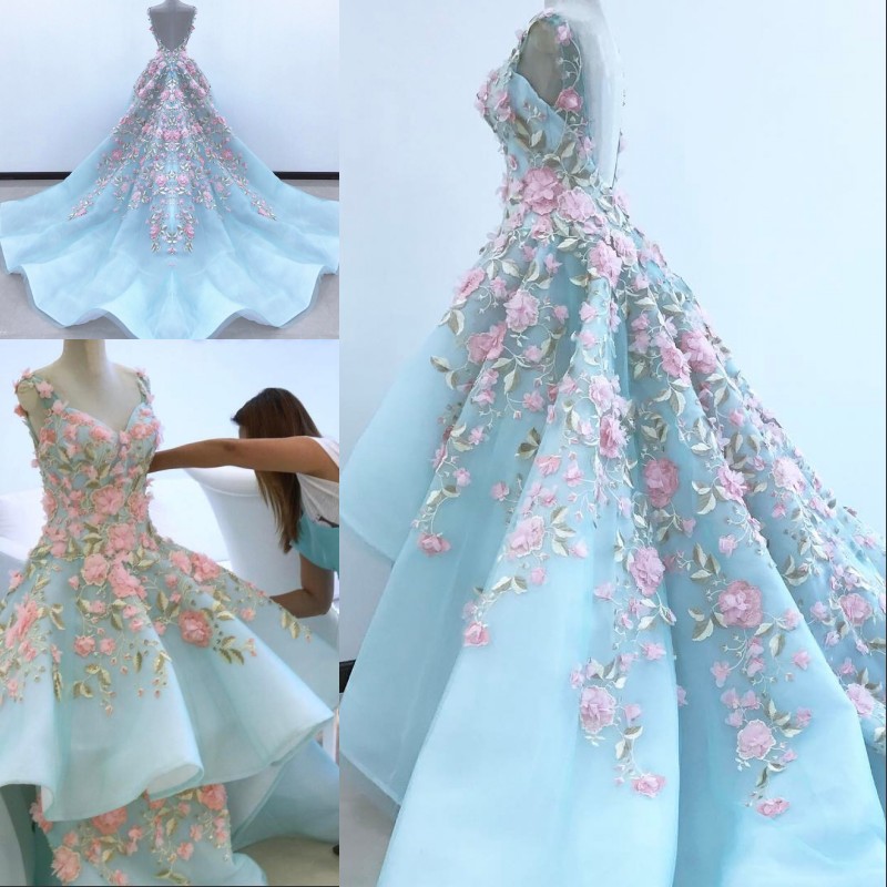Fashion Forward Evening Prom Dress Sweetheart Neck Pink 3D Flower Zipper Backless Party Dress Glamorous Hi-Lo Chapel Train Evening Dresses