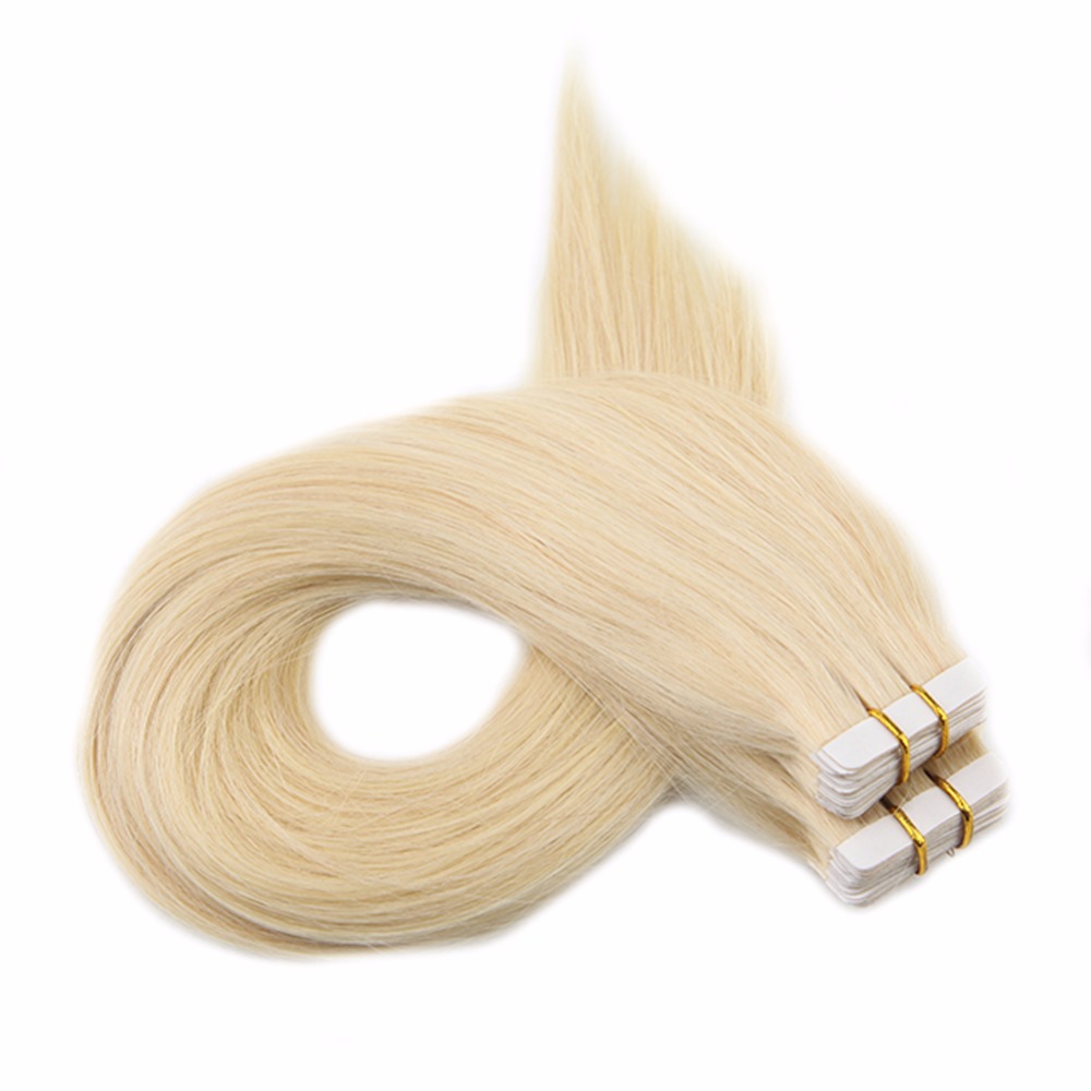 100g 40pcs Silk Straight Tape In Human Hair Extensions 14 16 18 20 22 24 613#Russian Blonde Color