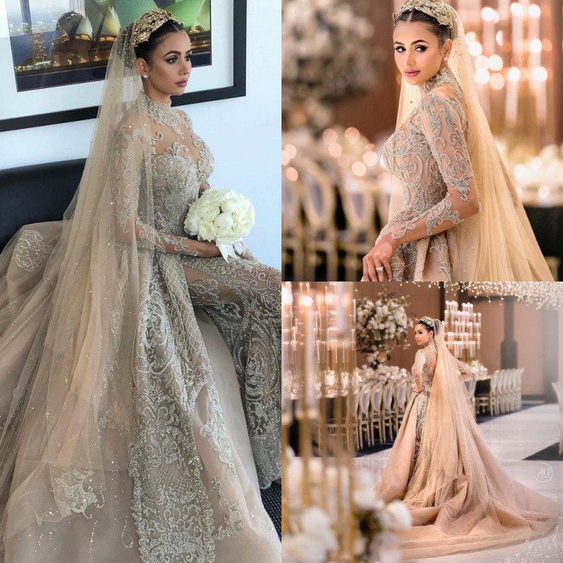 Dubai Arabic Luxury Wedding Dresses With Detachable Skirt High Neck Beads Long Sleeve Illusion Mermaid Wedding Dress Plus Size Bridal Gowns